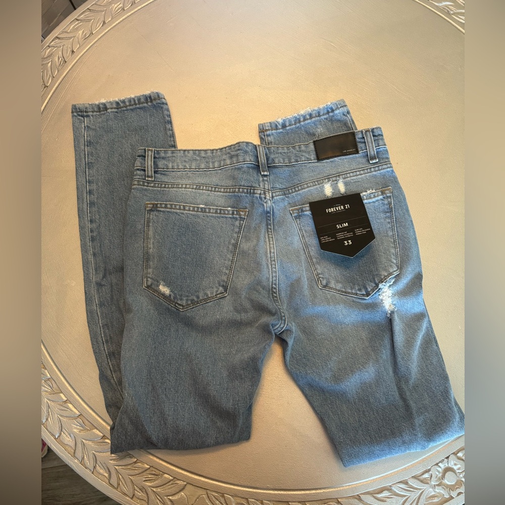 Forever 21 Slim Mid Rise Slim Leg Distressed Jeans